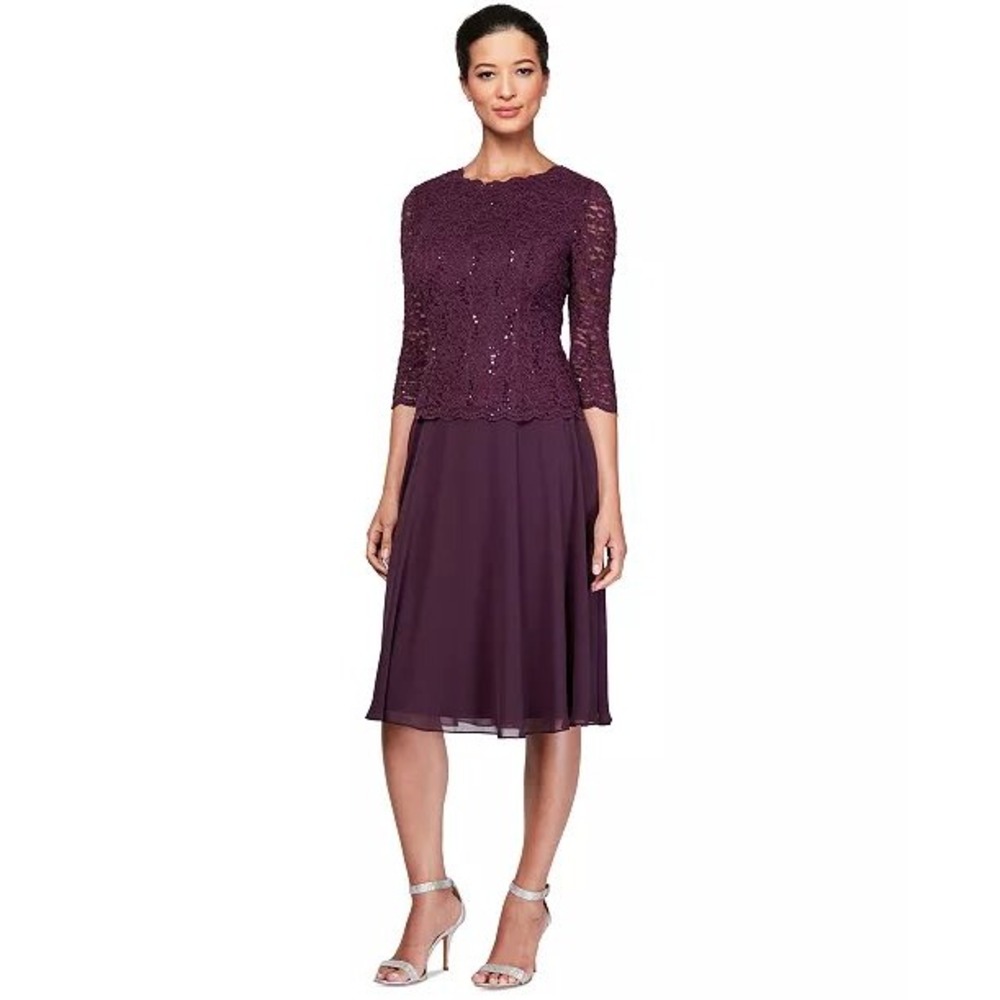 Alex Evenings Deep Plum Lace Sequin Tea Length Gown Dress 1121796 Womens 18 NEW